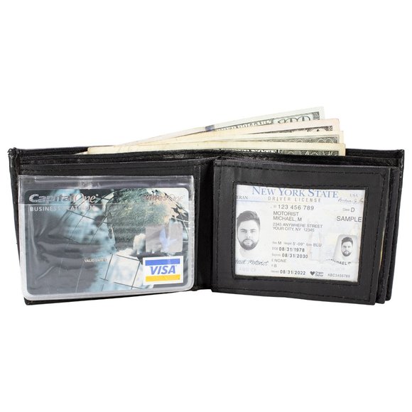 Men Lambskin Leather Wallet with Bifold 2 Center Flap, Black - Picture 4 of 13